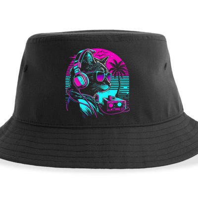 House DJ Cat 80s 90s Kitten Sunset Rainbow DJ Cat Kitty Sustainable Bucket Hat