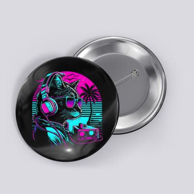 House DJ Cat 80s 90s Kitten Sunset Rainbow DJ Cat Kitty Button