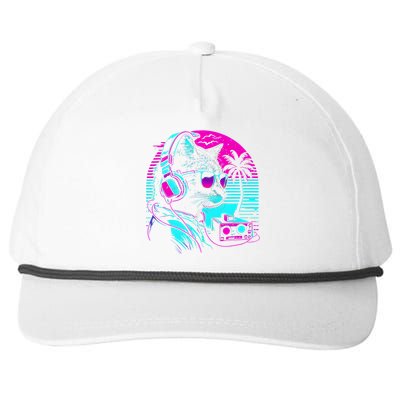 House DJ Cat 80s 90s Kitten Sunset Rainbow DJ Cat Kitty Snapback Five-Panel Rope Hat