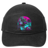 House DJ Cat 80s 90s Kitten Sunset Rainbow DJ Cat Kitty 7-Panel Snapback Hat