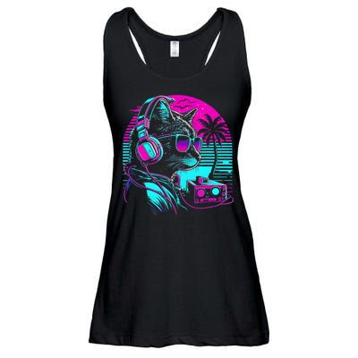 House DJ Cat 80s 90s Kitten Sunset Rainbow DJ Cat Kitty Ladies Essential Flowy Tank