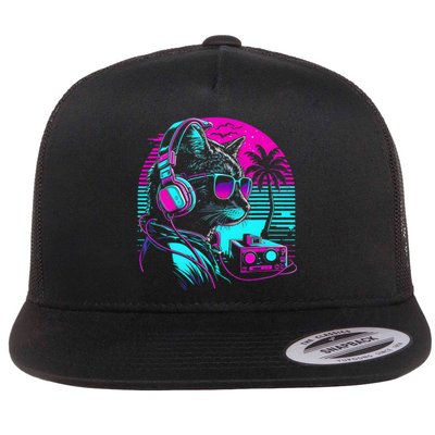 House DJ Cat 80s 90s Kitten Sunset Rainbow DJ Cat Kitty Flat Bill Trucker Hat