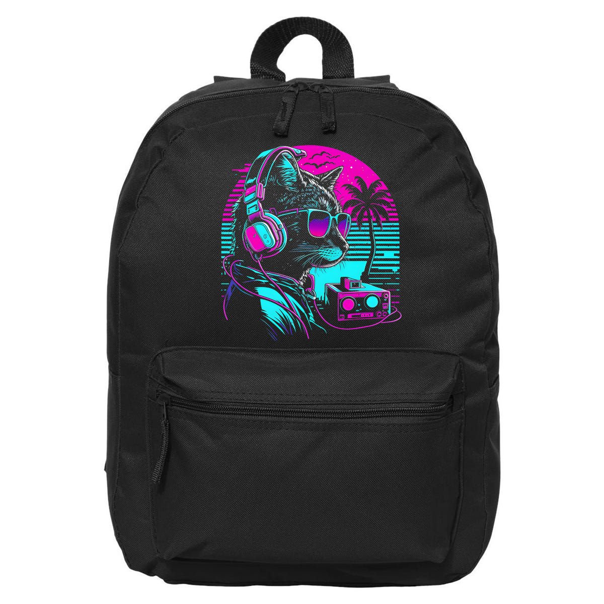 House DJ Cat 80s 90s Kitten Sunset Rainbow DJ Cat Kitty 16 in Basic Backpack