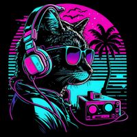 House DJ Cat 80s 90s Kitten Sunset Rainbow DJ Cat Kitty 16 in Basic Backpack