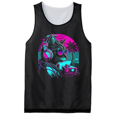 House DJ Cat 80s 90s Kitten Sunset Rainbow DJ Cat Kitty Mesh Reversible Basketball Jersey Tank