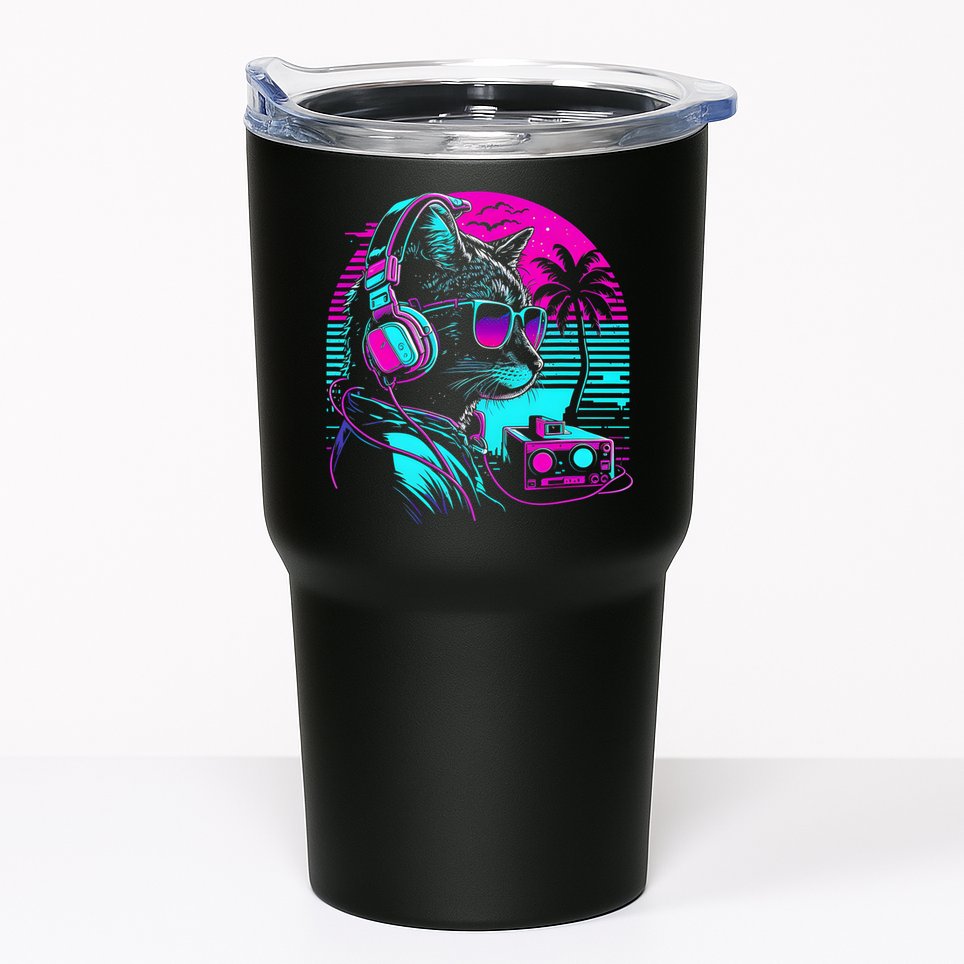 House DJ Cat 80s 90s Kitten Sunset Rainbow DJ Cat Kitty Tumbler