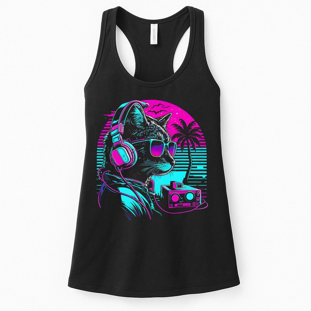 House DJ Cat 80s 90s Kitten Sunset Rainbow DJ Cat Kitty Womens Tank Top