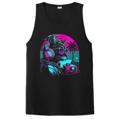 House DJ Cat 80s 90s Kitten Sunset Rainbow DJ Cat Kitty PosiCharge Competitor Tank