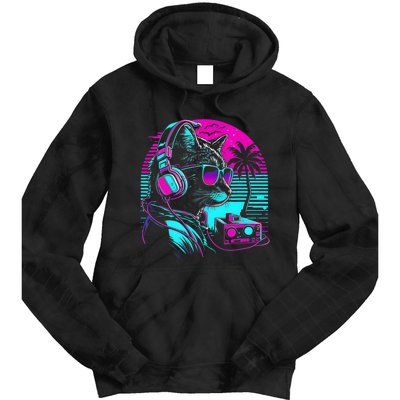 House DJ Cat 80s 90s Kitten Sunset Rainbow DJ Cat Kitty Tie Dye Hoodie