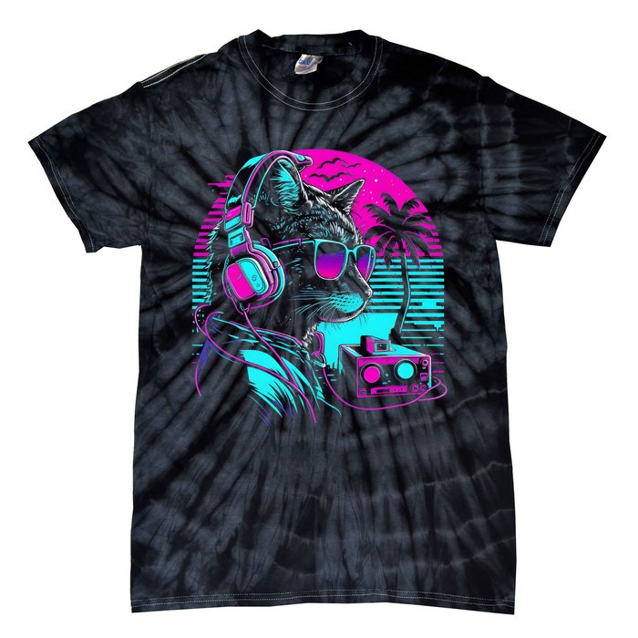 House DJ Cat 80s 90s Kitten Sunset Rainbow DJ Cat Kitty Tie-Dye T-Shirt