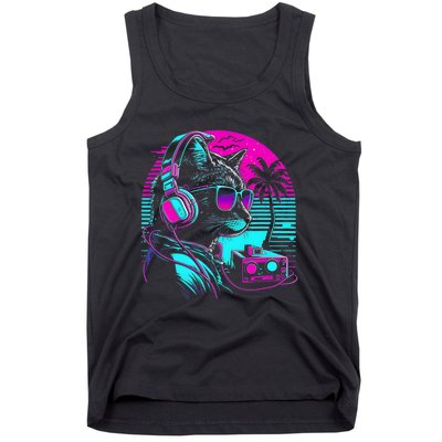 House DJ Cat 80s 90s Kitten Sunset Rainbow DJ Cat Kitty Tank Top