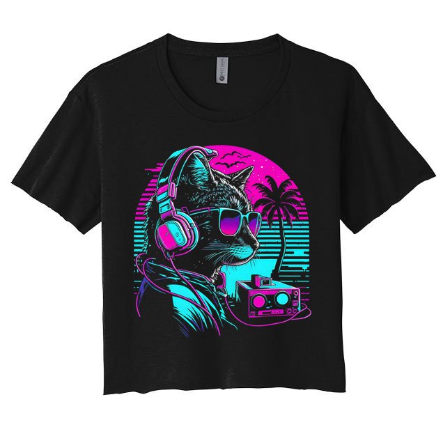 House DJ Cat 80s 90s Kitten Sunset Rainbow DJ Cat Kitty Crop Top