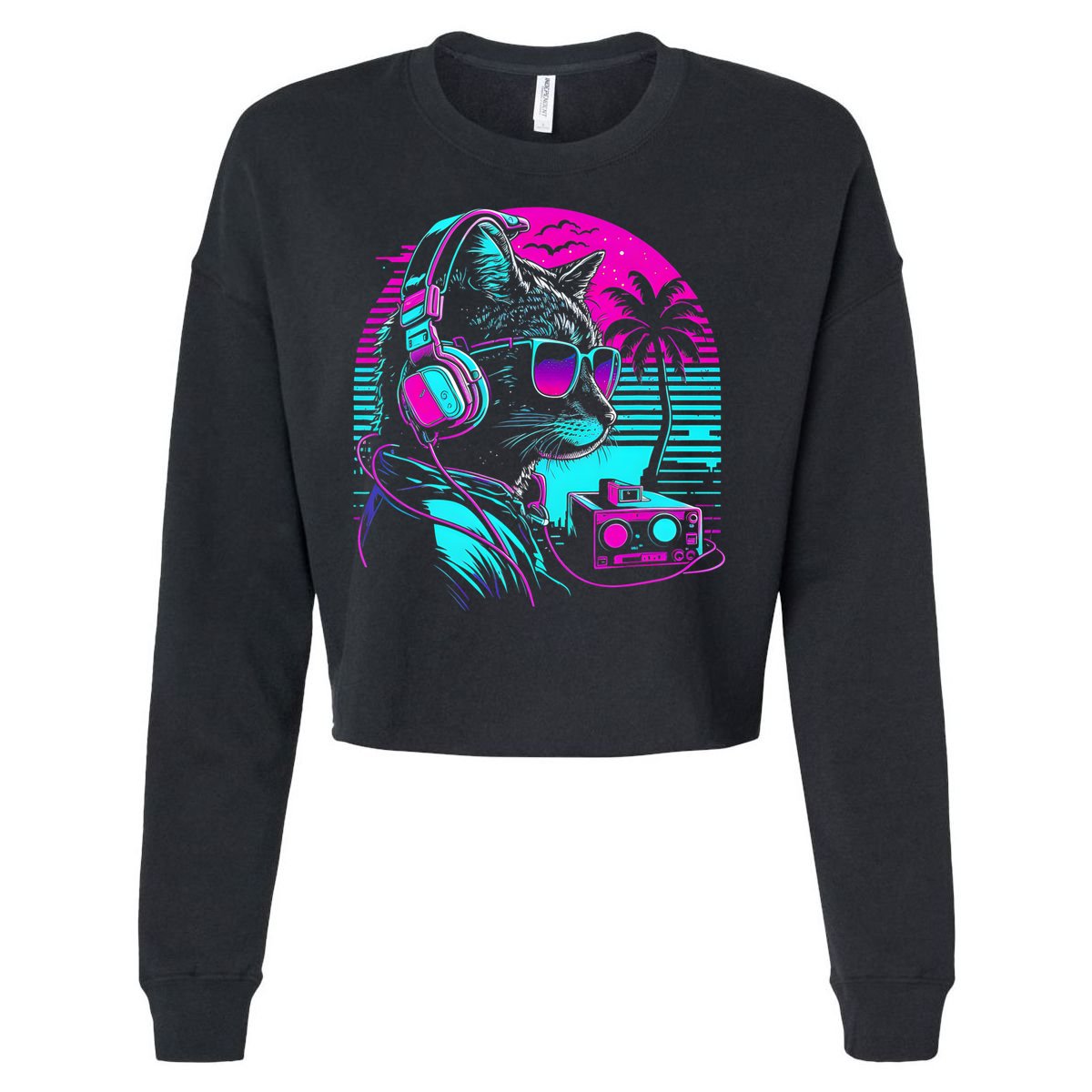 House DJ Cat 80s 90s Kitten Sunset Rainbow DJ Cat Kitty Cropped Pullover Crew
