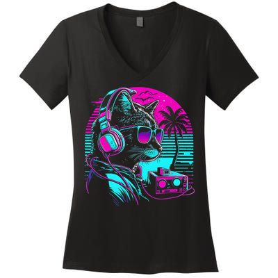 House DJ Cat 80s 90s Kitten Sunset Rainbow DJ Cat Kitty Women's V-Neck T-Shirt