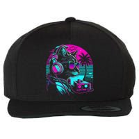 House DJ Cat 80s 90s Kitten Sunset Rainbow DJ Cat Kitty Wool Snapback Cap