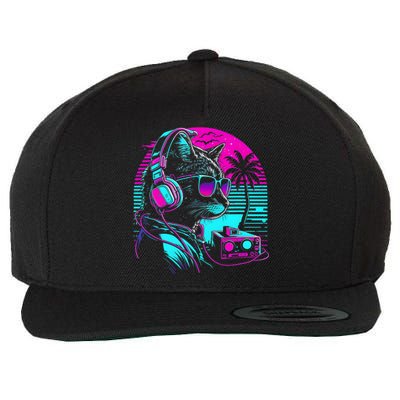 House DJ Cat 80s 90s Kitten Sunset Rainbow DJ Cat Kitty Wool Snapback Cap