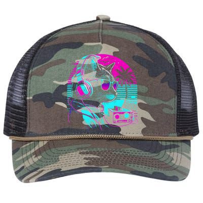 House DJ Cat 80s 90s Kitten Sunset Rainbow DJ Cat Kitty Retro Rope Trucker Hat Cap