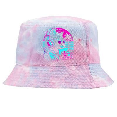 House DJ Cat 80s 90s Kitten Sunset Rainbow DJ Cat Kitty Tie-Dyed Bucket Hat