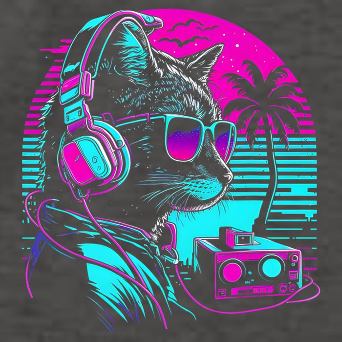 House DJ Cat 80s 90s Kitten Sunset Rainbow DJ Cat Kitty Vector Backpack