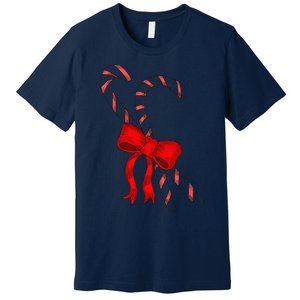 Hand Draw Christmas Candy Cane Red Coquette Bow Xmas Premium T-Shirt