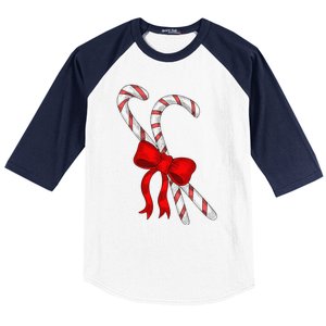 Hand Draw Christmas Candy Cane Red Coquette Bow Xmas Baseball Sleeve Shirt