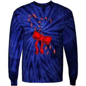 Hand Draw Christmas Candy Cane Red Coquette Bow Xmas Tie-Dye Long Sleeve Shirt