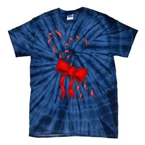 Hand Draw Christmas Candy Cane Red Coquette Bow Xmas Tie-Dye T-Shirt