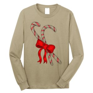 Hand Draw Christmas Candy Cane Red Coquette Bow Xmas Long Sleeve Shirt