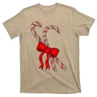 Hand Draw Christmas Candy Cane Red Coquette Bow Xmas T-Shirt