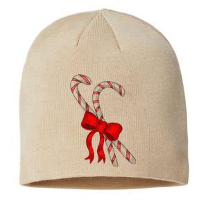 Hand Draw Christmas Candy Cane Red Coquette Bow Xmas Sustainable Beanie