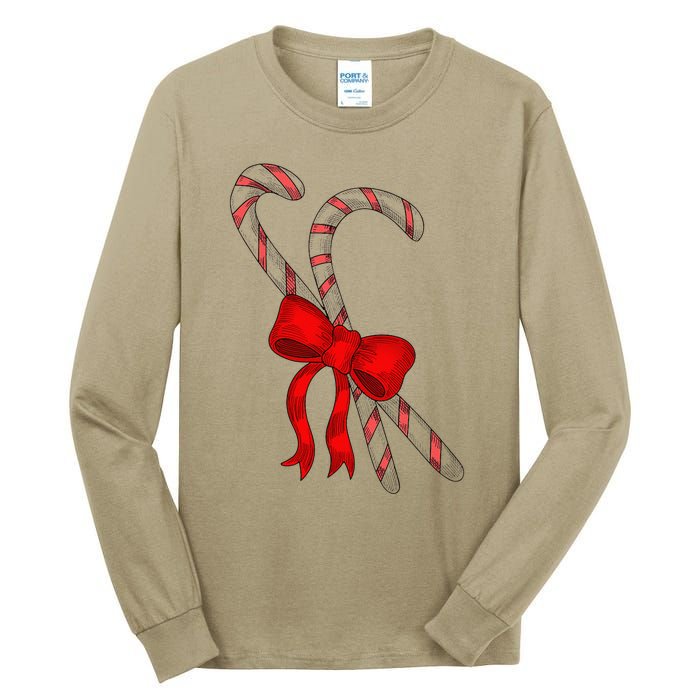 Hand Draw Christmas Candy Cane Red Coquette Bow Xmas Tall Long Sleeve T-Shirt