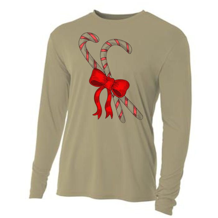 Hand Draw Christmas Candy Cane Red Coquette Bow Xmas Cooling Performance Long Sleeve Crew