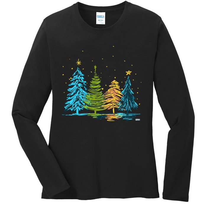 Hand Drawn Christmas Tree Christmas Tree Hand Drawing Ladies Long Sleeve Shirt