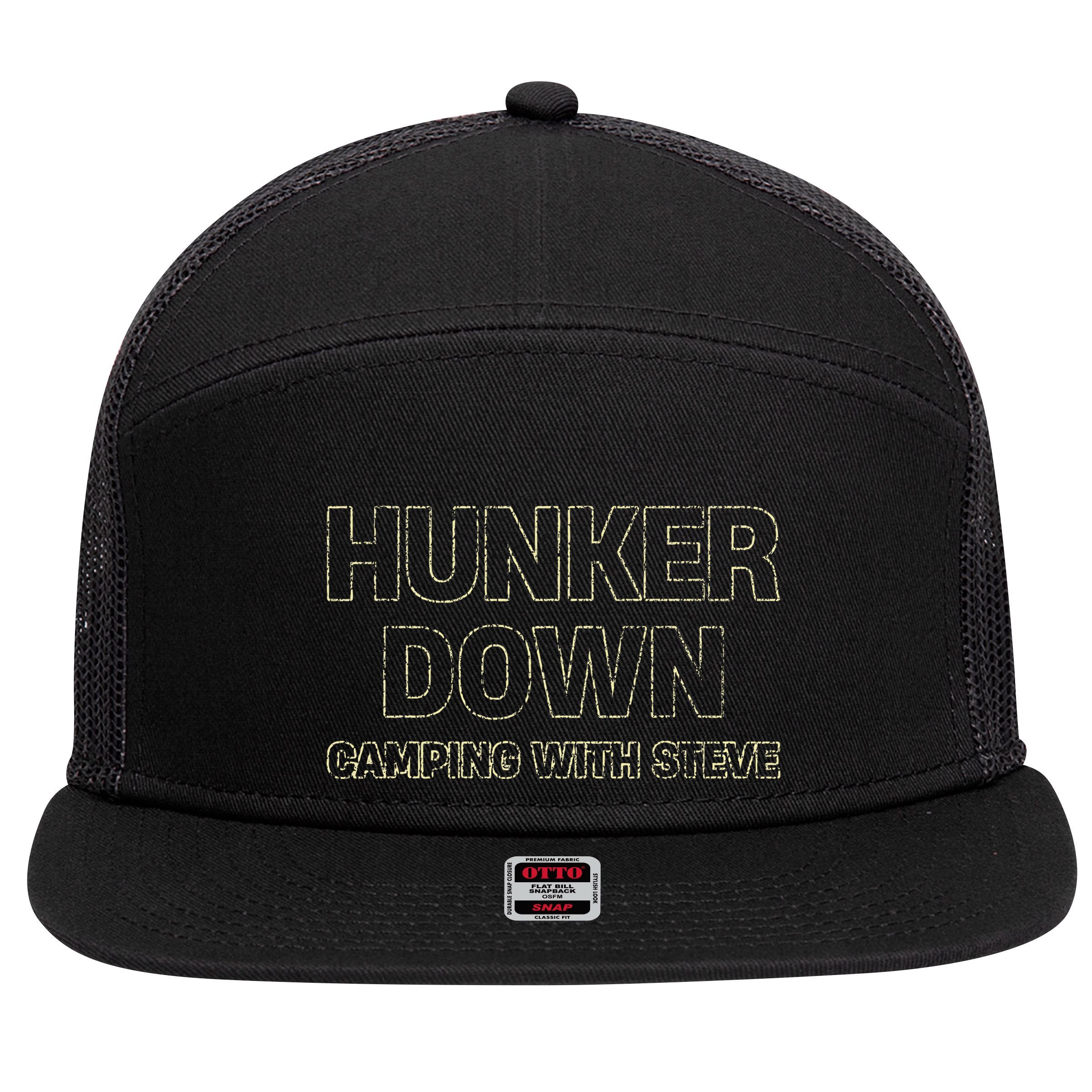 Hunker Down Camping With Steve Simple Graphic 7 Panel Mesh Trucker Snapback Hat