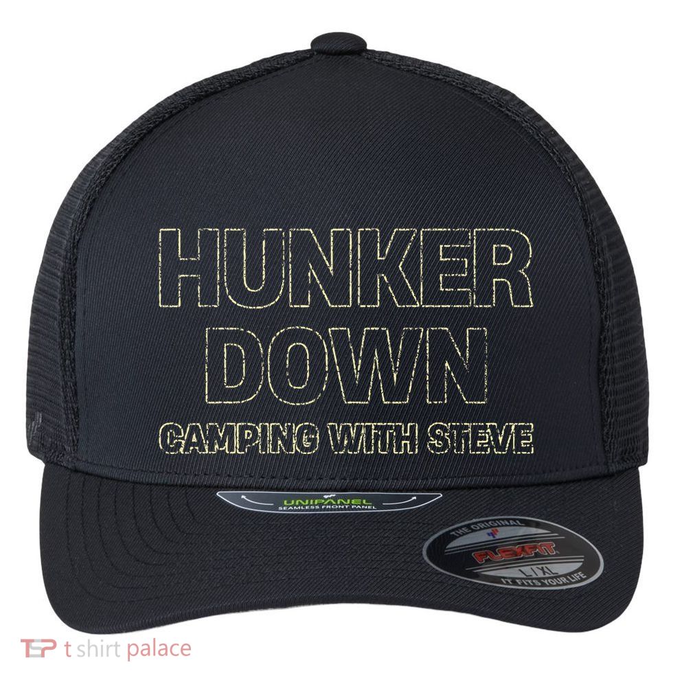 Hunker Down Camping With Steve Simple Graphic Flexfit Unipanel Trucker Cap
