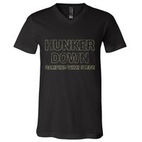 Hunker Down Camping With Steve Simple Graphic V-Neck T-Shirt