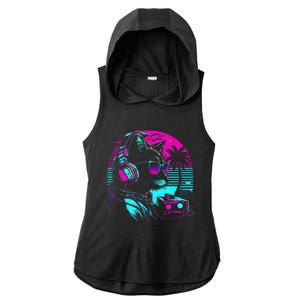 House Dj Cat 80s 90s Kitten Sunset Rainbow Dj Cat Kitty Ladies PosiCharge Tri-Blend Wicking Draft Hoodie Tank