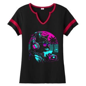 House Dj Cat 80s 90s Kitten Sunset Rainbow Dj Cat Kitty Ladies Halftime Notch Neck Tee