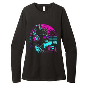 House Dj Cat 80s 90s Kitten Sunset Rainbow Dj Cat Kitty Womens CVC Long Sleeve Shirt