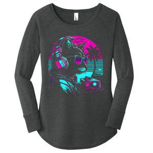 House Dj Cat 80s 90s Kitten Sunset Rainbow Dj Cat Kitty Women's Perfect Tri Tunic Long Sleeve Shirt