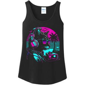 House Dj Cat 80s 90s Kitten Sunset Rainbow Dj Cat Kitty Ladies Essential Tank