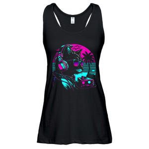 House Dj Cat 80s 90s Kitten Sunset Rainbow Dj Cat Kitty Ladies Essential Flowy Tank