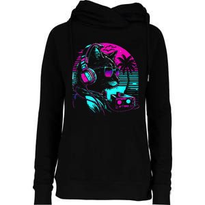 House Dj Cat 80s 90s Kitten Sunset Rainbow Dj Cat Kitty Womens Funnel Neck Pullover Hood