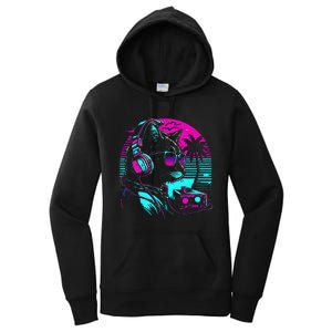 House Dj Cat 80s 90s Kitten Sunset Rainbow Dj Cat Kitty Women's Pullover Hoodie