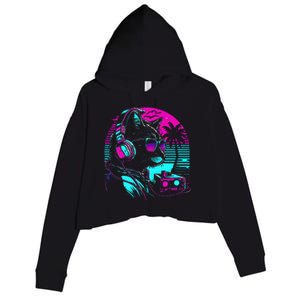 House Dj Cat 80s 90s Kitten Sunset Rainbow Dj Cat Kitty Crop Fleece Hoodie