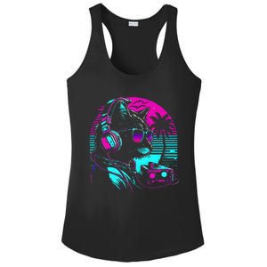 House Dj Cat 80s 90s Kitten Sunset Rainbow Dj Cat Kitty Ladies PosiCharge Competitor Racerback Tank