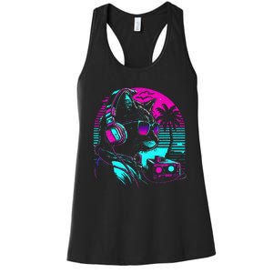 House Dj Cat 80s 90s Kitten Sunset Rainbow Dj Cat Kitty Women's Racerback Tank