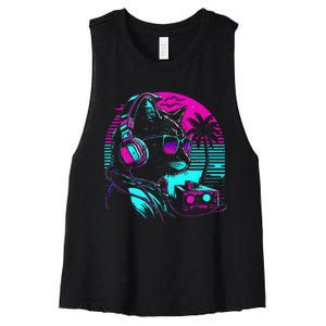 House Dj Cat 80s 90s Kitten Sunset Rainbow Dj Cat Kitty Women's Racerback Cropped Tank