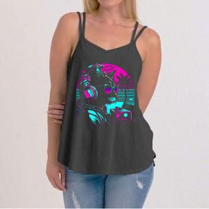 House Dj Cat 80s 90s Kitten Sunset Rainbow Dj Cat Kitty Women's Strappy Tank