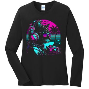 House Dj Cat 80s 90s Kitten Sunset Rainbow Dj Cat Kitty Ladies Long Sleeve Shirt